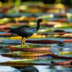 Dark bird on giant water lilies