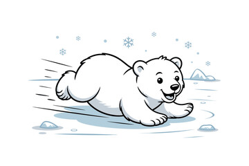 Playful Polar Bear Cub Running in the Snow Cartoon Illustration: Adorable Arctic Animal in Winter Scene, Children's Book Style Image