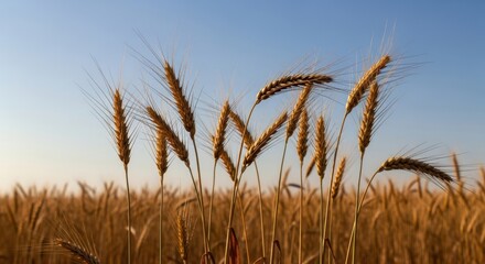 Obraz premium Golden Wheat Field Under Blue Sky at Sunset