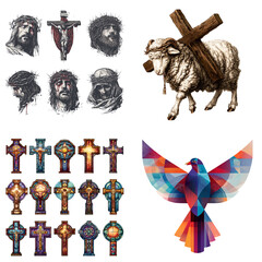 Christian symbols set with lamb carrying cross, dove, stained glass and Jesus with crown of thorns, isolated on white background.

