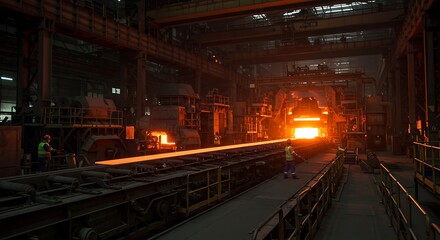 Hot rolled steel beam travelling on a conveyor production line inside a bustling industrial steel mill