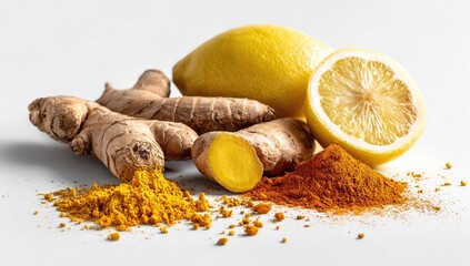 Fresh ginger, lemon, and turmeric spices on white background