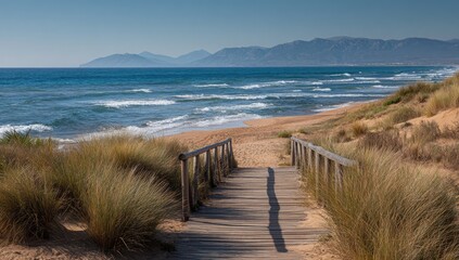 Wooden walkway leading to a beach with turquoise water and distant mountains