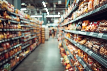 Fototapeta premium Blurred supermarket aisle with rows of shelves filled with snacks and food
