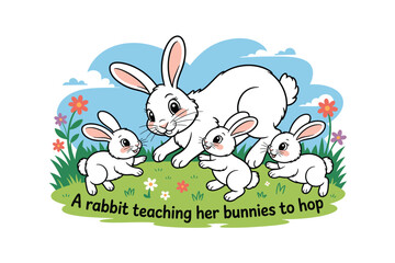 Cartoon Illustration of a Mother Rabbit Teaching Three Baby Bunnies How to Hop in a Field with Flowers and Blue Sky Background