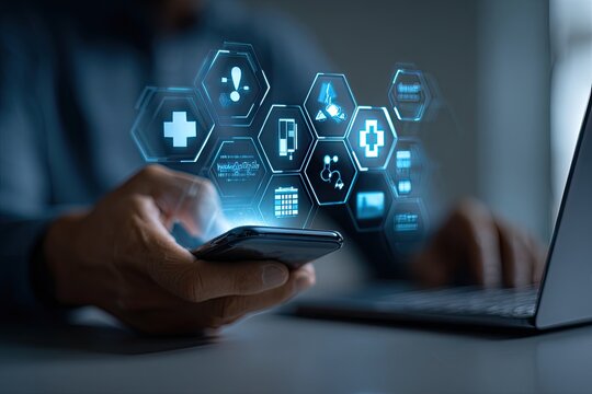 Person uses phone with digital health icons overlay
