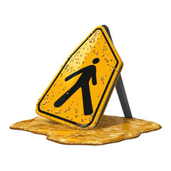 Wet floor sign with water droplets and a puddle cautioning pedestrians about slippery surfaces and potential hazards in public areas for safety awareness on transparent background