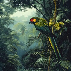 Parrot perched in a lush, misty jungle