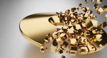 Shattered Gold Disc - Digital Decay, Abstract 3D Render.