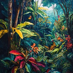 Lush tropical forest scene. Vivid colors and detailed foliage fill a dense jungle path
