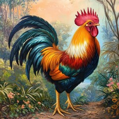Vibrant rooster in a lush forest scene
