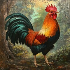 Rooster in a forest scene. Detailed painting of a rooster, vibrant colors,  with a lush forest background