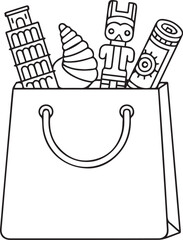 Souvenir Shopping Bag with World Travel Icons Line Illustration