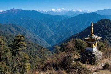 Mountainous landscape with a small stone structure