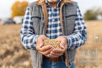 Senior farmer holding wheat in cupped hands, with overlaid data visualizations