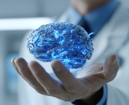 A doctor's hand holds a holographic, futuristic brain