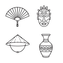Set of Cultural Icon Line Art – Traditional Mask, Vase, Fan and Asian Hat Outline Illustration