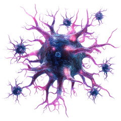 Microscopic view of a dendritic cell with intricate branches and a vibrant color palette against a showcasing cellular biology on transparent background
