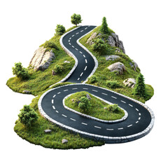 Winding road ascends a lush green hill with trees and rocks creating a scenic and challenging route for travel and adventure on transparent background