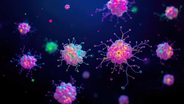 Floating pink and blue illuminated abstract shapes with tendrils on a dark blue background