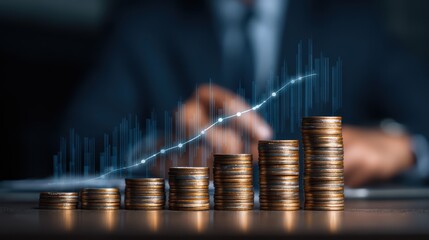 Professional Businessman Sitting at a WealthThemed Table with Piles of Coins, Ideal for Financial Marketing or Presentations, Radiating Confidence and Success.