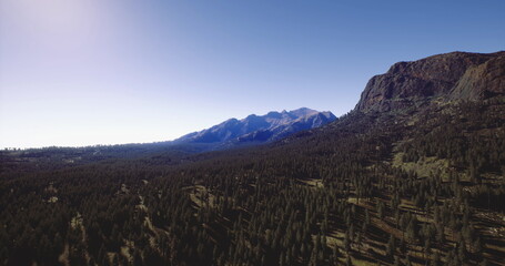 A breathtaking view of towering mountains surrounded by dense evergreen forests. The sun casts a gentle glow, highlighting the rugged terrain in this serene landscape.