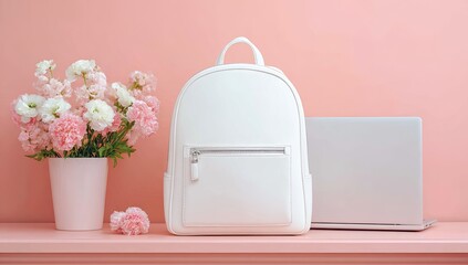White backpack and laptop with flowers