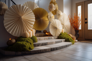 Elegant autumnal staircase decorated with large paper fans, moss, and candles for a festive Thanksgiving celebration