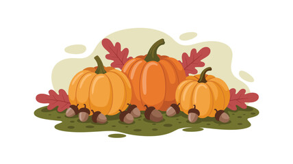 Festive Autumn Harvest: A Grouping of Pumpkins, Acorns and Autumn Leaves. Ideal for Fall, Thanksgiving, and Halloween-themed graphics.