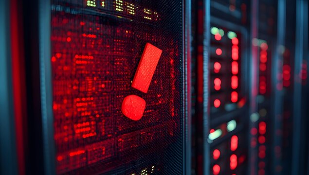 A red exclamation mark on the background of server cabinets with data center equipment - Powered by Adobe