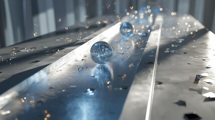 Futuristic concept of two transparent spheres moving rapidly along a high-tech metallic track, surrounded by glowing energy particles