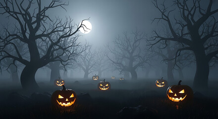 Glowing jack-o'-lantern pumpkins scattered throughout a spooky, dark, and foggy forest during a mysterious Halloween night