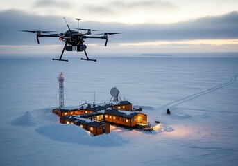 Drone flying over an arctic research station at dusk