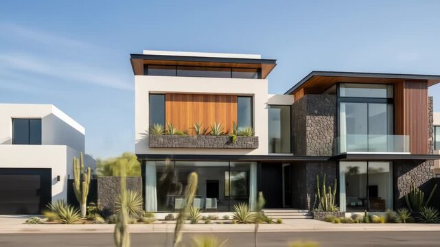 Modern home exterior with flat roof, stone accents, wood details, and desert plants