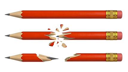 Set of broken red pencils isolated on white background
