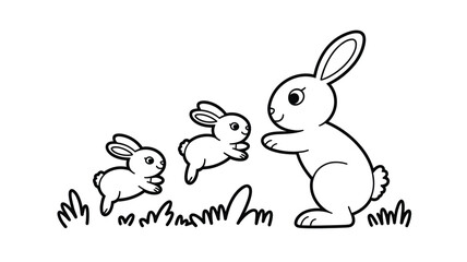 Adorable Rabbit Family: Mother Bunny and Two Baby Bunnies Hopping in the Grass - Cute Black and White Line Art Illustration