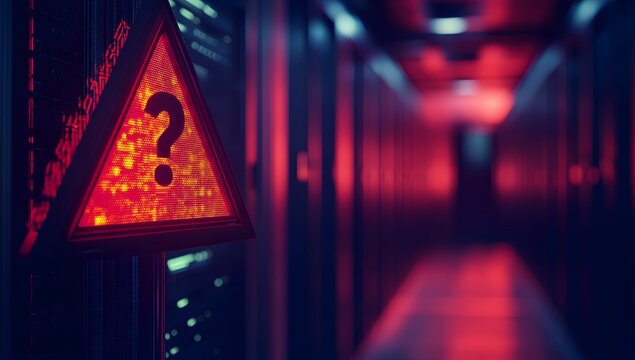 A red exclamation mark on the background of server cabinets with data center equipment