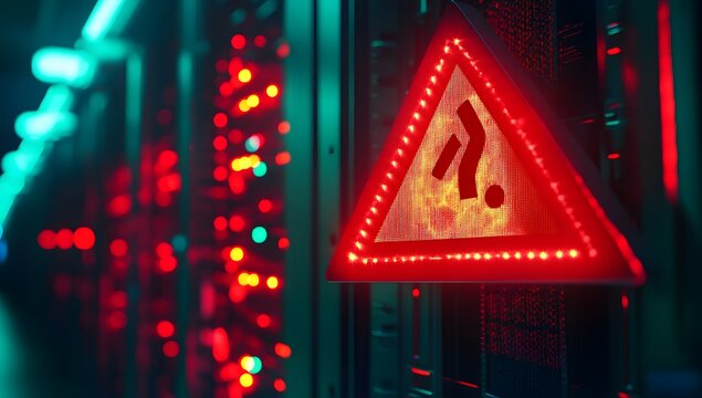 A red exclamation mark on the background of server cabinets with data center equipment