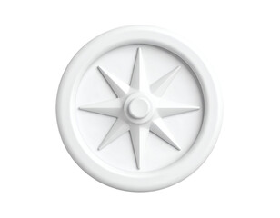 Minimalist 3D rendered white compass rose symbol on a black background, representing direction, navigation, guidance, and travel, with clean lines and subtle shadows.