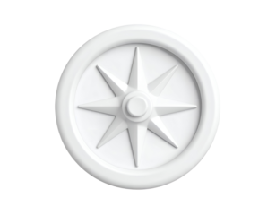 Minimalist 3D rendered white compass rose symbol on a black background, representing direction, navigation, guidance, and travel, with clean lines and subtle shadows.