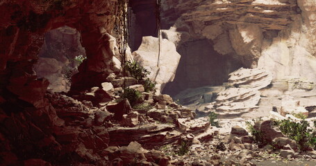 A breathtaking canyon showcases impressive rock formations along a winding path. Sunlight filters through, illuminating the lush plants thriving amidst natural beauty. Quiet serenity fills the air.
