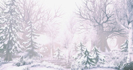 A tranquil forest enveloped in thick fog showcases snow covered trees. The ethereal atmosphere is mesmerizing, creating a peaceful and dreamlike winter landscape.