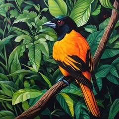 Vibrant tropical bird perched in lush foliage