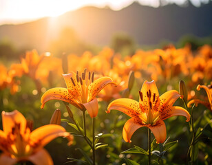 Vibrant orange lilies bloom in summer sunlight floral field landscape