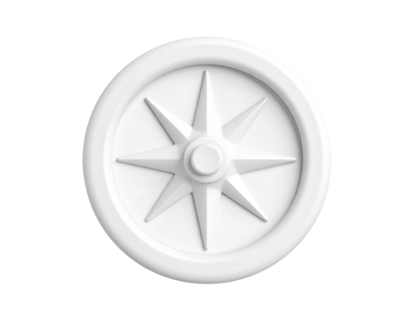 Minimalist 3D rendered white compass rose symbol on a black background, representing direction, navigation, guidance, and travel, with clean lines and subtle shadows.
