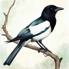 Detailed illustration of a magpie perched on a branch.  Black and white plumage,  teal-blue wings and tail.  Soft, watercolor-like background