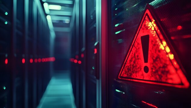 A red exclamation mark on the background of server cabinets with data center equipment - Powered by Adobe