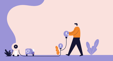 Modern illustration of a man connecting energy sources to an electric vehicle, representing sustainable transportation, smart charging, and future business logistics.