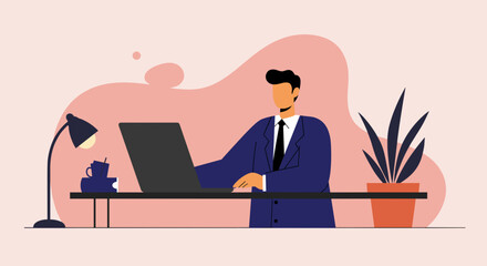 Professional businessman working diligently on his laptop at a modern desk, symbolizing productivity, remote work, and contemporary business.