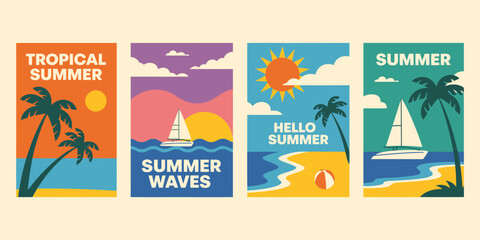 Retro Summer Beach Posters Tropical Vibes, Sailboats, and Sunsets